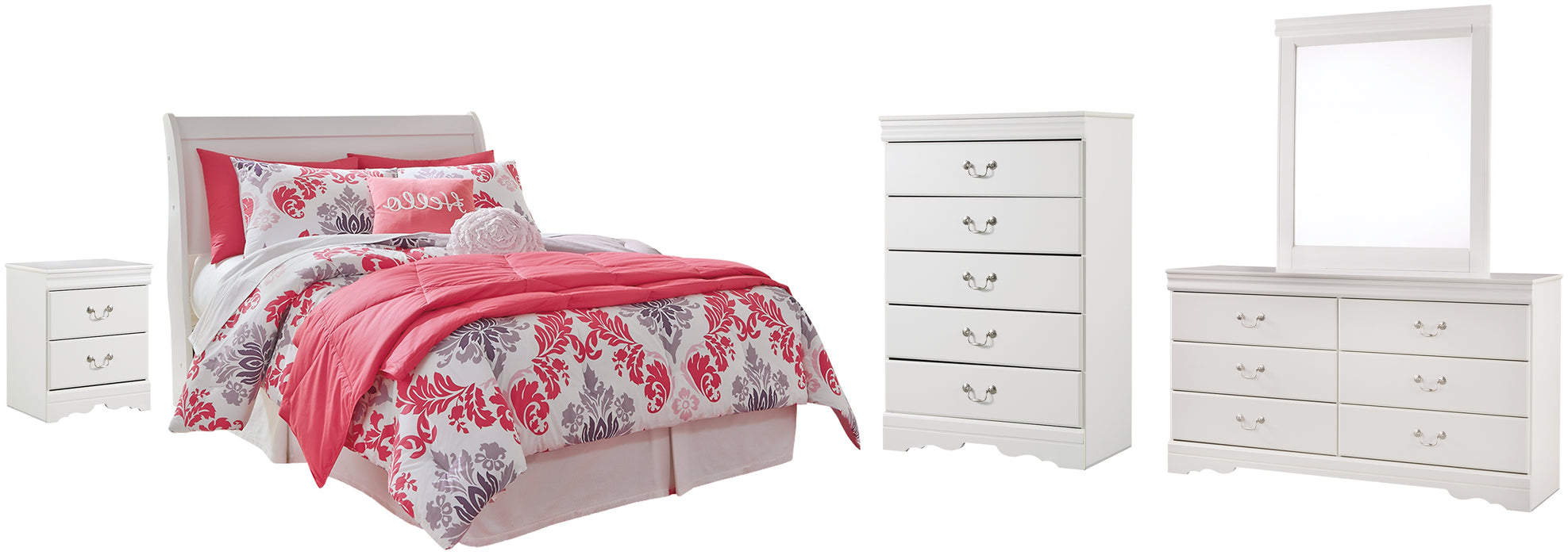 Anarasia Full Sleigh Headboard, Dresser, Mirror, Chest and Nightstand