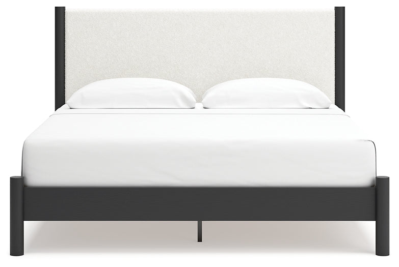 Cadmori King Upholstered Panel Bed with Mirrored Dresser and Nightstand