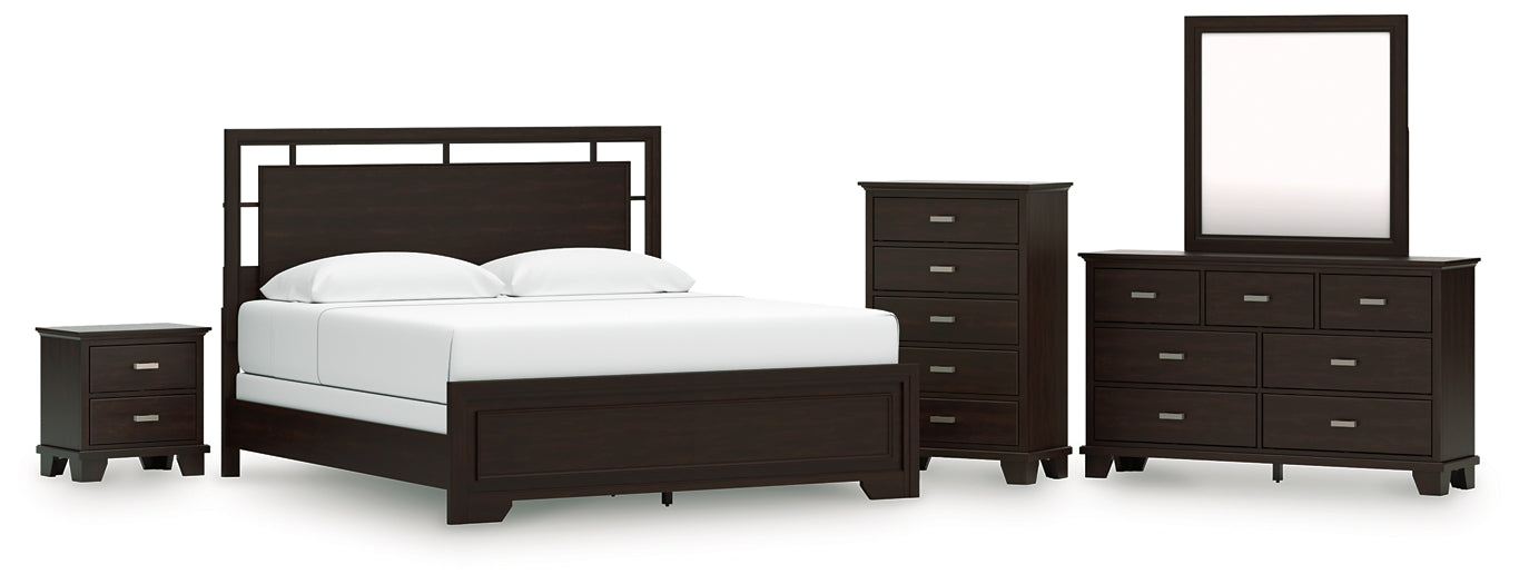 Covetown California King Panel Bed, Dresser, Mirror, Chest and Nightstand