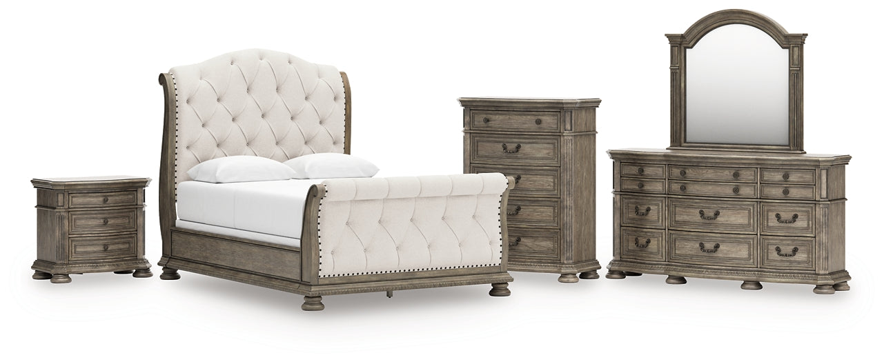 Ardenfield Queen Upholstered Sleigh Bed with Mirrored Dresser, Chest and Nightstand