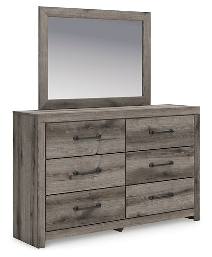 Graystorm King Panel Bed with Mirrored Dresser and Nightstand