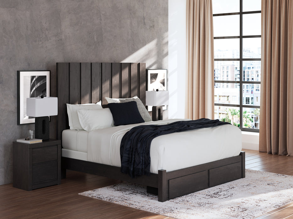 Fraluna King Panel Storage Bed with Mirrored Dresser and Nightstand