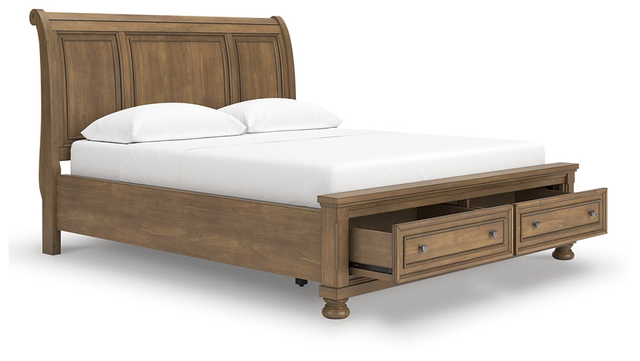 Feddinger California King Storage Sleigh Bed with Mirrored Dresser, Chest and Nightstand