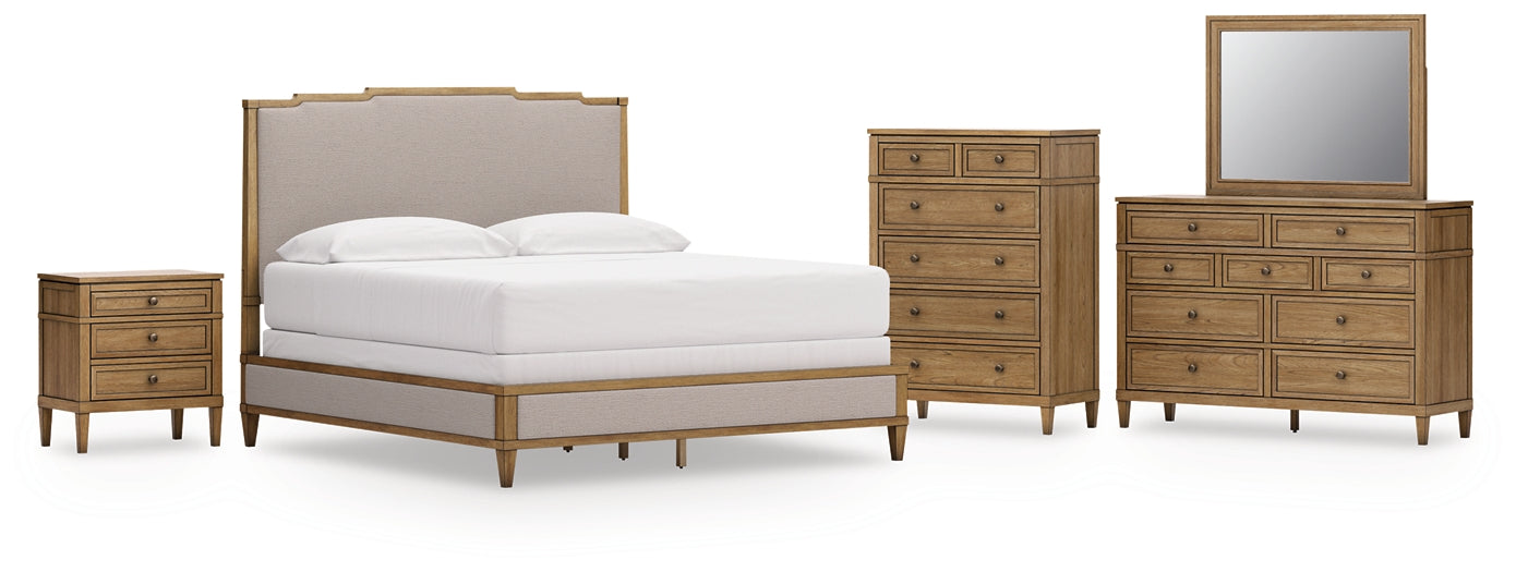 Sharlance King Upholstered Panel Bed with Mirrored Dresser, Chest and Nightstand