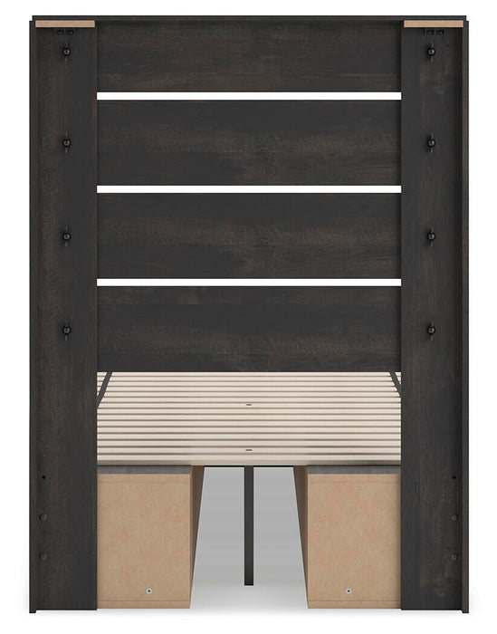 Delmorta Twin Panel Bed with Storage, Dresser, Mirror and Nightstand