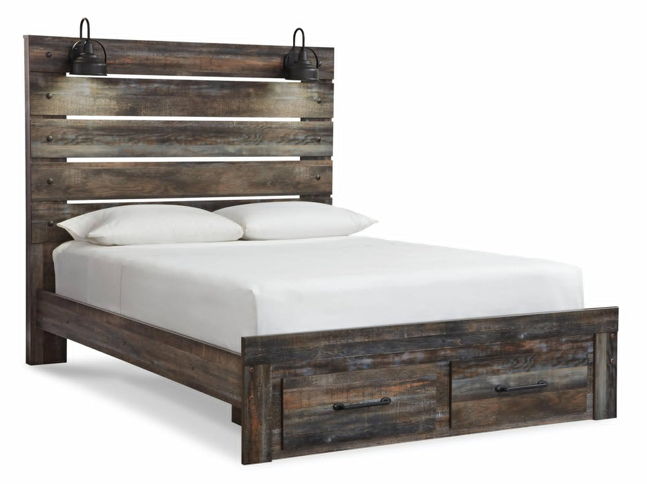 Drystan Queen Panel Bed with 2 Storage Drawers with Mirrored Dresser