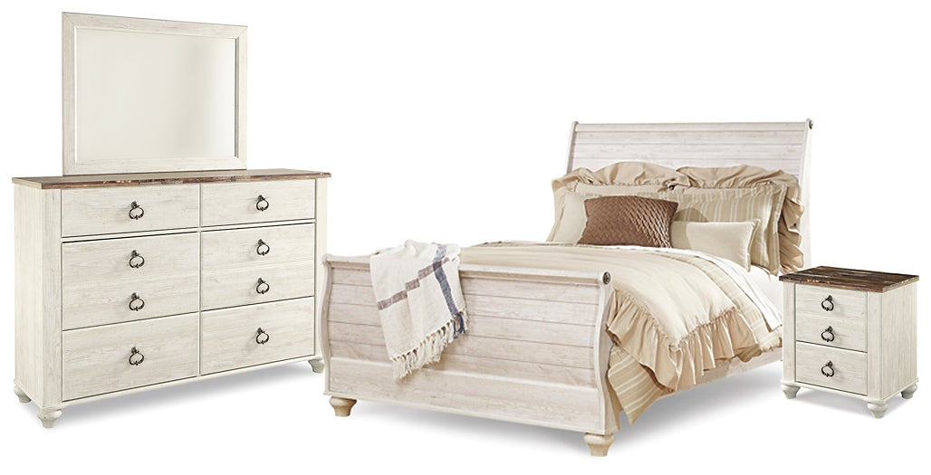 Willowton Queen Sleigh Bed with Mirrored Dresser and Nightstand
