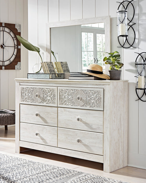 Paxberry Queen Panel Bed with Mirrored Dresser and Nightstand