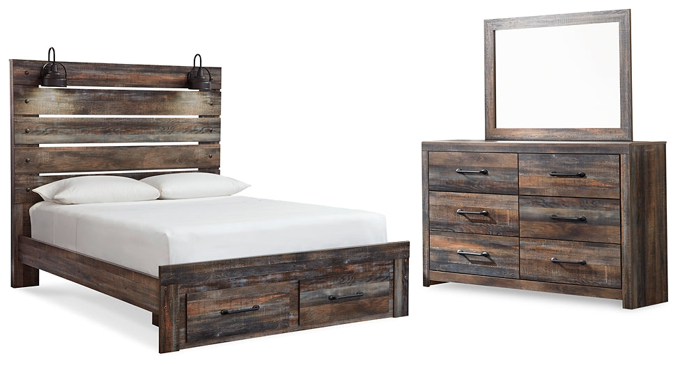 Drystan  Panel Bed With 2 Storage Drawers With Mirrored Dresser